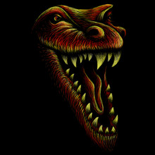 The Vector Logo Dragon  Or Dinosaur On Black Cloth For T-shirt Print  Design Or Outwear.  Hunting Style Reptile Background.