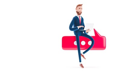 Billy cartoon businessman character  with laptop and bubble talk on white background. 3d render illustration. Looped video. Conversation concept.