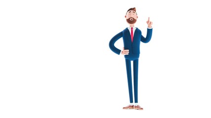 Sticker - Billy cartoon businessman character  with yellow bulb on white background. 3d render illustration. Looped video. Innovation and inspiration concept. 