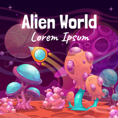 Wall Mural - Fantasy cartoon alien world landscape. Vector magic planet illustration.