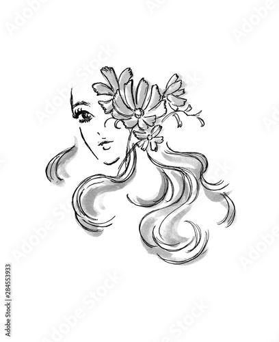 美女 人物 美人 女性 白黒 若い 綺麗 綺麗な きれいな 花 イメージ 顔 振り向く 秋桜 Ilustracion De Stock Adobe Stock