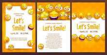 Three Funny Posters Template Set. Vector Brochure Pages With Emoji Characters.
