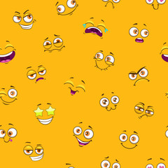 Poster - Seamless pattern with funny cartoon faces on yellow background.