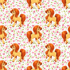 Sticker - Seamless pattern with cute cartoon young little horse.