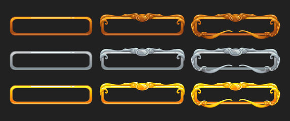Metallic title banners set for epic game design. Golden, silver and bronze decorative frames.