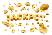 Jackpot With Golden Coins. Realistic Jackpot Yellow Money Rain. Vector Illustration 3D Falling Gold Sign Luck On White Background