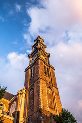 Canvas Print - Details view of landmark Westerkerk Church in Amsterdam at sunset