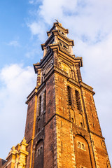 Canvas Print - Details view of landmark Westerkerk Church in Amsterdam at sunset