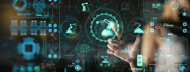Leinwandbilder - Engineer hand check and control welding robotics automatic arms icon with machine in intelligent factory automotive industrial with UI monitoring system software.