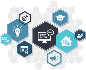 e-learning icon concept: blended learning, webinar, technology support, digital learning – vector illustration