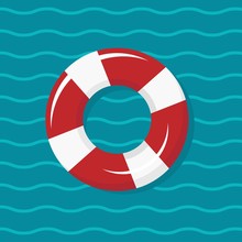 Red And White Swimming Rubber Ring On Blue Wavy Background. Floating Lifebuoy,