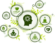 Natural Mindfulness / Meditation / Relaxation Icon Concept – Green Mindful Living, Awareness, Stress-relief - Vector Illustration