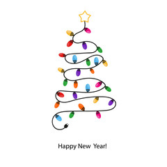 Made of colorful light bulb tree. Happy new year greeting card