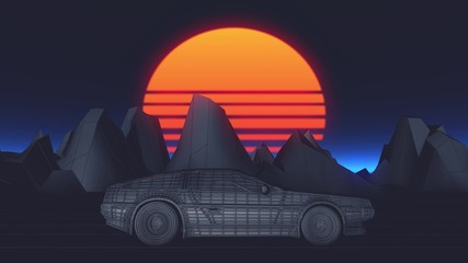 Wall Mural - 80s Retro Sci-Fi Background with car futuristic synth retro wave 3d illustration