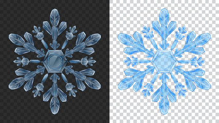 Two big complex transparent Christmas snowflakes in blue colors for use on dark and light background. Transparency only in vector format