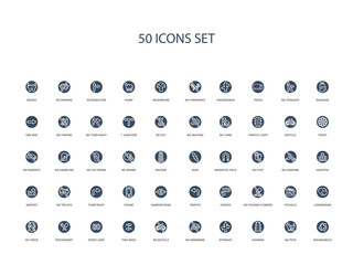 50 filled concept icons such as roundabout, no pets, highway, straight, no swimming, no bicycle, two ways,speed limit, restaurant, virus, lovemaking, pothole, picking flowers