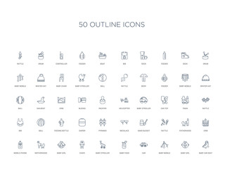 50 outline concept icons such as baby car seat, baby girl, baby mobile, car, food, stroller, chair,baby girl, motherhood, mobile phone, crib, fatherhood, rattle