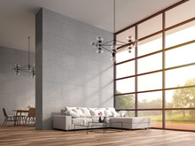 Modern High Ceiling Loft Living And Dining Room 3d Render.The Rooms Have Wooden Floors ,decorate With White Furniture,There Are Large Window Overlooks Wooden Terrace And Large Garden.