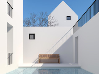 Minimal style pool courtyard 3d render,There are a swimming pool with blue tiles Surrounded by white buildings Decorated with wooden benches With clear sunlight shining down.