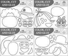 Cut And Glue Clowns, Coloring Book. Educational Games For Kids. Vector Illustration.