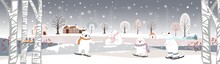 Panoramic Of Winter Landscape,Vector Illustration Of Horizontal Banner Of Winter Wonderland At Countryside With Snow Covering,house,moutain,trees And Cute Polar Bear On Ice Skates,Merry Christmas