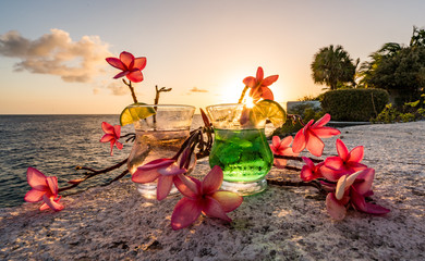 Wall Mural - Drinks at sunset overlooking the Caribbean Ocean , curacao