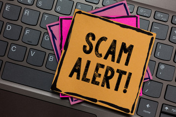 Poster - Conceptual hand writing showing Scam Alert. Business photo showcasing warning someone about scheme or fraud notice any unusual Papers keyboard Inspiration communicate Annotations computer