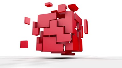Poster - 3d animation of a rotating red cube. the cube breaks into fragments and restores.