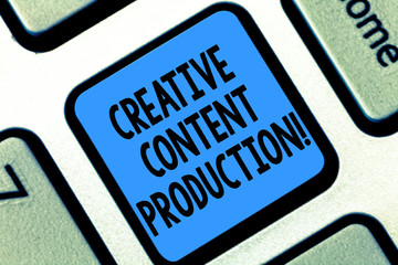 Fototapete - Text sign showing Creative Content Production. Conceptual photo Developing and creating visual or written assets Keyboard key Intention to create computer message pressing keypad idea