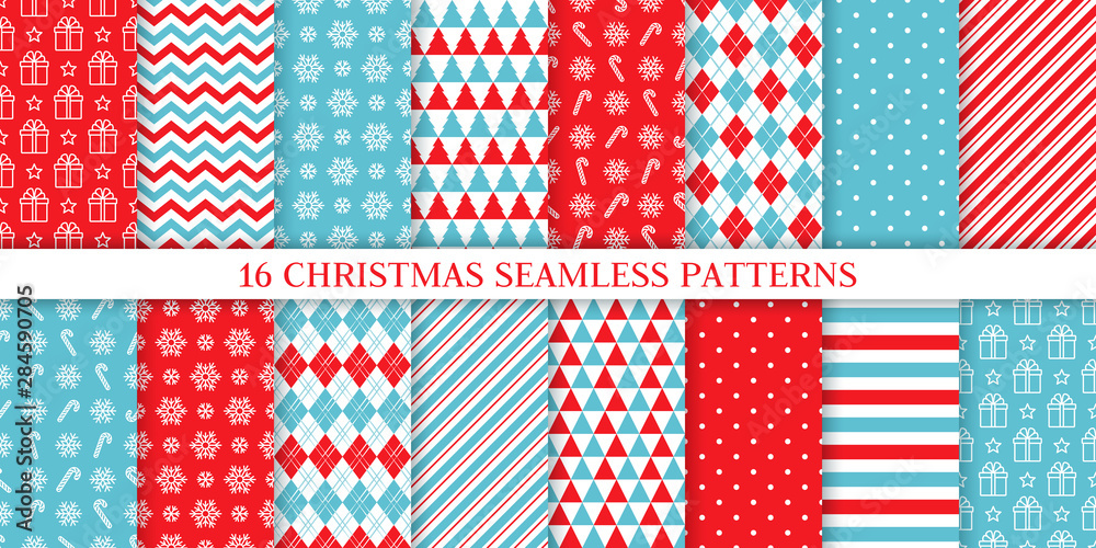 Christmas pattern. Holiday seamless background. Vector. Xmas New year endless texture with gift, snowflake, candy cane stripe, polka dot, rhombus. Print for wrapping paper web textile. Illustration - obrazy, fototapety, plakaty 