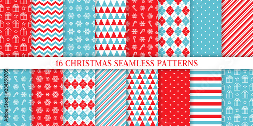 Materiał do szycia Christmas pattern. Holiday seamless background. Vector. Xmas New year endless texture with gift, snowflake, candy cane stripe, polka dot, rhombus. Print for wrapping paper web textile. Illustration