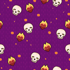 Canvas Print - Seamless pattern with skulls, hearts and flowers. Vector graphics.