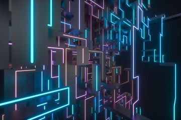 Wall Mural - Colorful cyber space with crossed glowing lines, 3d rendering.