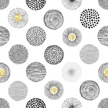 Seamless Vector Pattern With Hand-drawn Circles Texture And Golden Foil, Abstraction Illustration Of Black Silhouette On White Background.