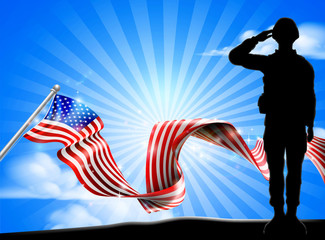 Poster - A soldier saluting with an American flag ribbon background