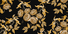 Golden Roses Embroidery Horizontal Seamless Pattern. Classical Vintage Buds Flowers On Black Background. Fashionable Template For Design Of Clothes, Tapestry, Renaissance Art
