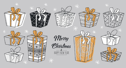 Merry Christmas greeting card gold with modern gifts. Vector illustration.