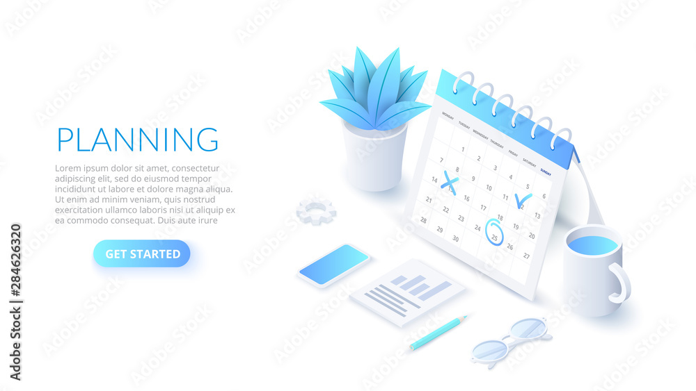 Isometric planning schedule and calendar concept. Time management concept. Illustration for web banner layout template. - obrazy, fototapety, plakaty 