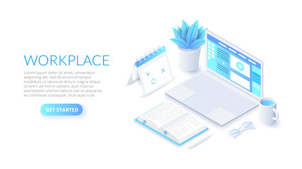 Aufkleber - Isometric workplace illustration with laptop. Landing page template