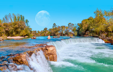 Wall Mural - Amazing view of Manavgat waterfall with full moon, Antalya 