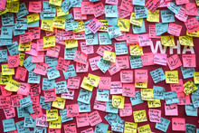 Many Sticky Notes With The Names Of The Loved Ones On A Wall, Project At Christopher Street Day 2019 In Luebeck, Germany