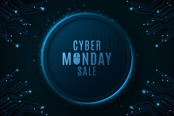Poster - futuristic modern banner for cyber monday sale. computer circuit board. special offer. glowing neon 