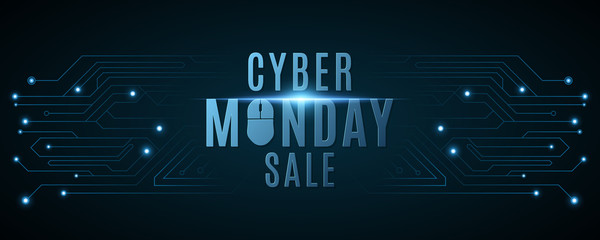 Poster - Cyber Monday sale banner. Hi-tech background from a computer circuit board. Computer mouse. Glowing neon blue connecting lines with lights. Vector illustration