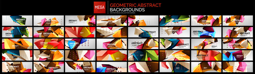 Mega set of 3d triangle low poly design abstract backgrounds. Colorful polygonal concepts, bright color geometric shapes on light grey wallpapers