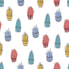 Wall Mural - Seamless cactus in pot pattern. Baby style illustration.