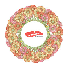 Wall Mural - Wreath save the date. Gerbera chamomile red, pink, yellow, orange. Vector illustration. Summer and autumn flowers. Isolated on white background. Retro, vintage. For banners, congratulations