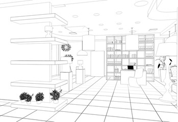 interior, exhibition hall, contour visualization, 3D illustration, sketch, outline