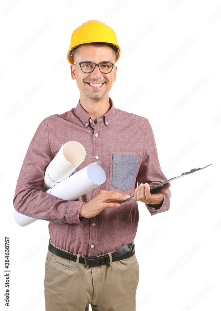 Handsome male architect on white background