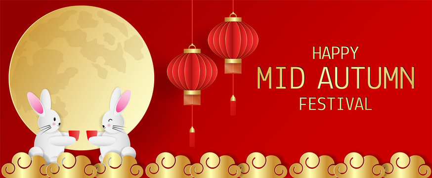 Paper art of mid autumn festival greeting card with cute rabbit drink tea, light bulb and gold cloud on red background. Vector illustration