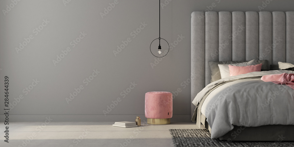 Bedroom with large gray bed and pink pouf. 3d render - obrazy, fototapety, plakaty 